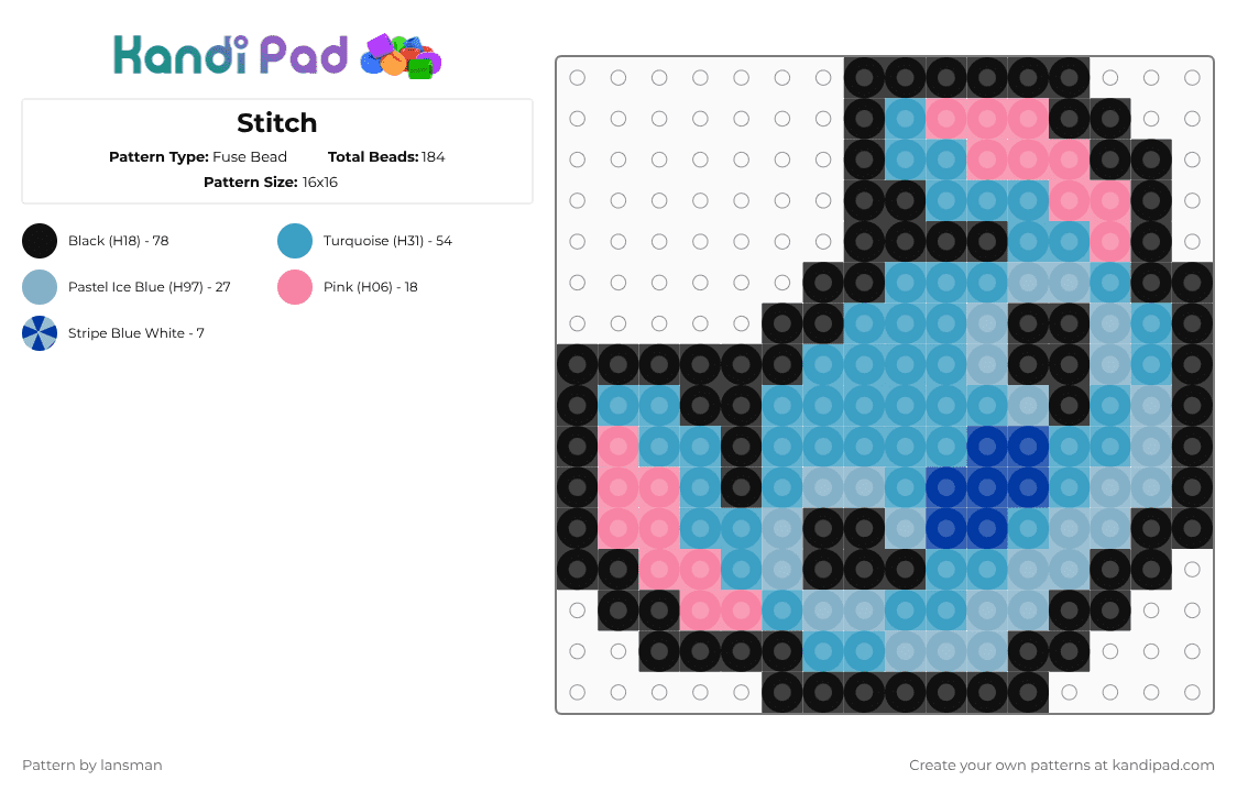 Stitch - Fuse Bead Pattern by lansman on Kandi Pad - light blue