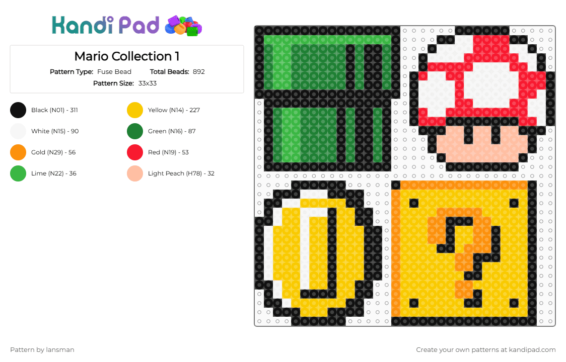 Mario Collection 1 - Fuse Bead Pattern by lansman on Kandi Pad - green,yellow