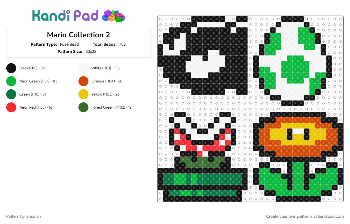 Mario Collection 2 - Fuse Bead Pattern by lansman on Kandi Pad - black, green