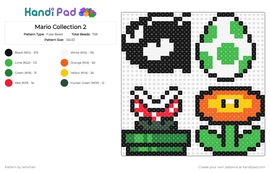 Mario Collection 2 - Fuse Bead Pattern by lansman on Kandi Pad - black,green