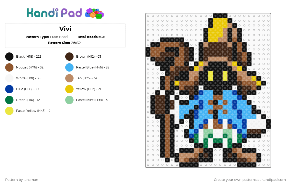Vivi - Fuse Bead Pattern by lansman on Kandi Pad - black,tan,brown,light blue