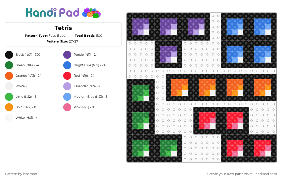 Tetris - Fuse Bead Pattern by lansman on Kandi Pad - black,green,orange,colorful