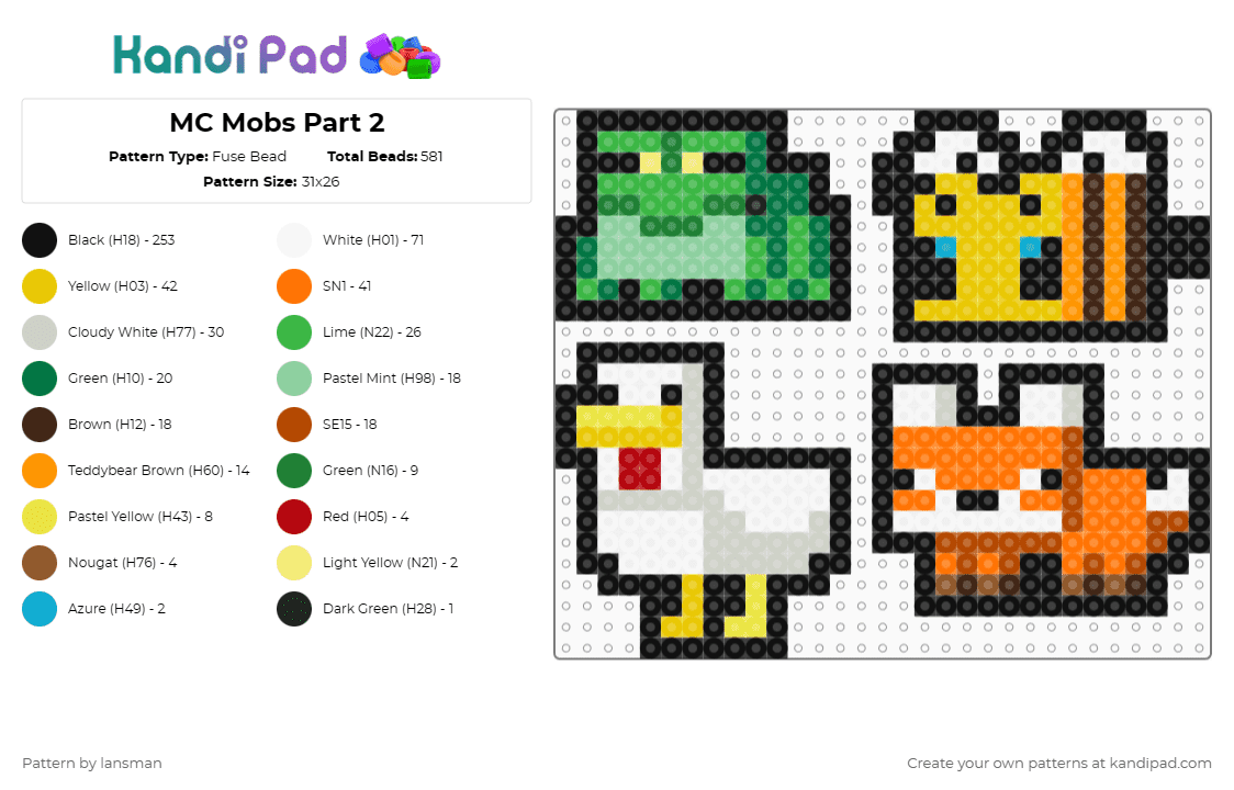 MC Mobs Part 2 - Fuse Bead Pattern by lansman on Kandi Pad - minecraft,gaming,video game,black,green,yellow,orange
