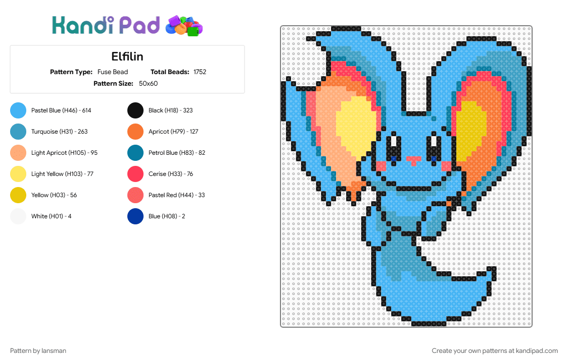 Elfilin - Fuse Bead Pattern by lansman on Kandi Pad - light blue