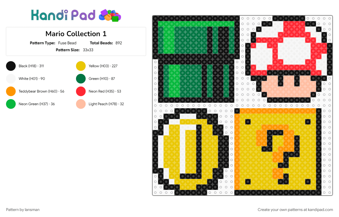 Mario Collection 1 - Fuse Bead Pattern by lansman on Kandi Pad - green, yellow