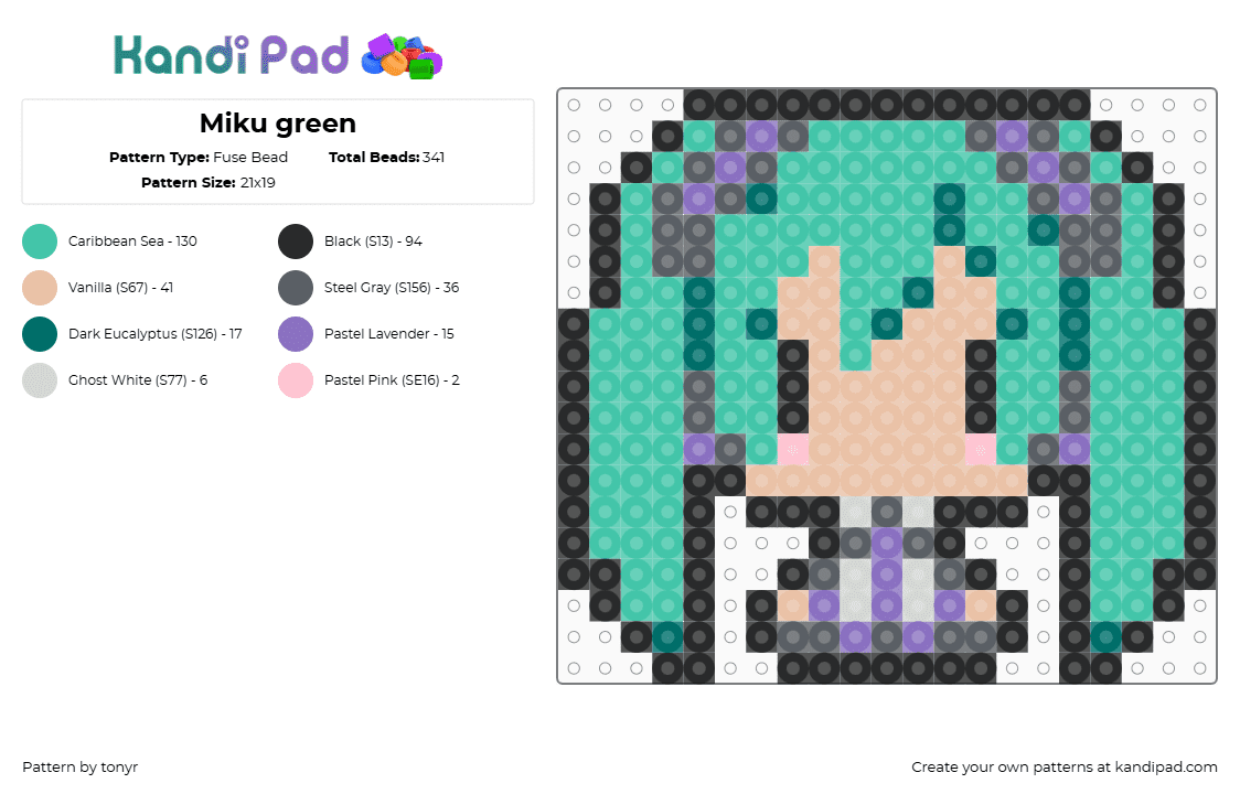 Miku green - Fuse Bead Pattern by djcnksnd on Kandi Pad - teal