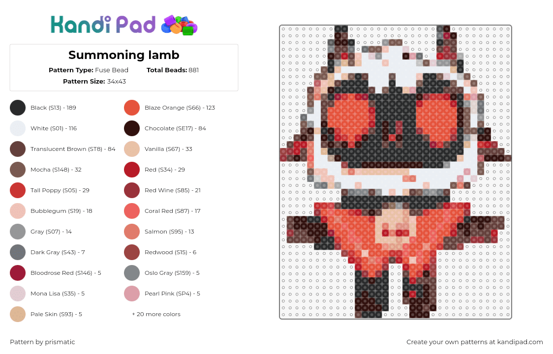 Summoning lamb - Fuse Bead Pattern by prismatic on Kandi Pad - cult of the lamb,sheep,video game,character,gray,red,white