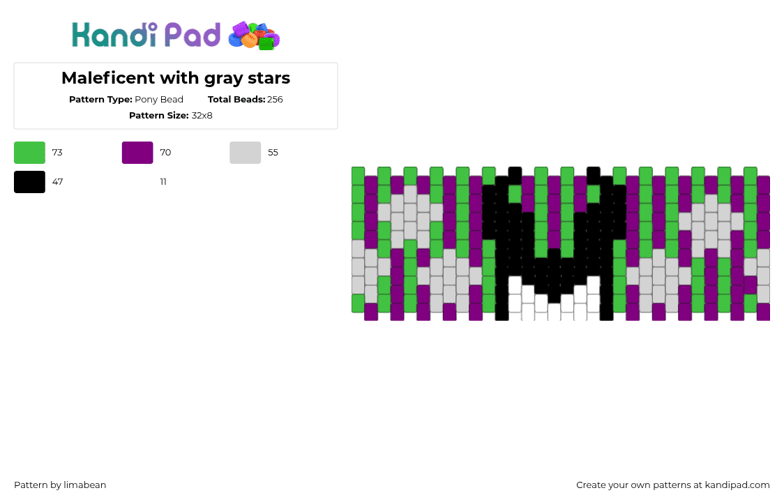 Maleficent with gray stars - Pony Bead Pattern by limabean on Kandi Pad - maleficent,cuff,vertical,stripes,disney,cartoon,pink,green