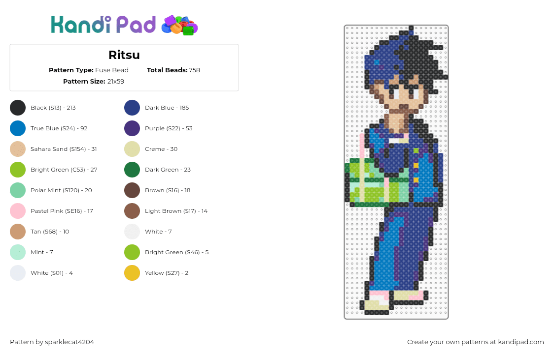 Ritsu - Fuse Bead Pattern by sparklecat4204 on Kandi Pad - ritsu sakuma,english ensemble stars,character,blue,purple,green,mob psycho,mp100,kageyama,ritsu,mobpsycho100,reigen arataka,ritsu kageyama,shigeo kageyama