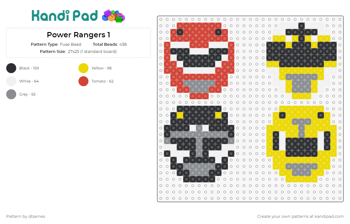 Power Rangers 1 - Fuse Bead Pattern by dbarnes on Kandi Pad - power rangers,helmets,masks,iconic,dynamic,spirit,teamwork,heroes,collection,red,yellow,black