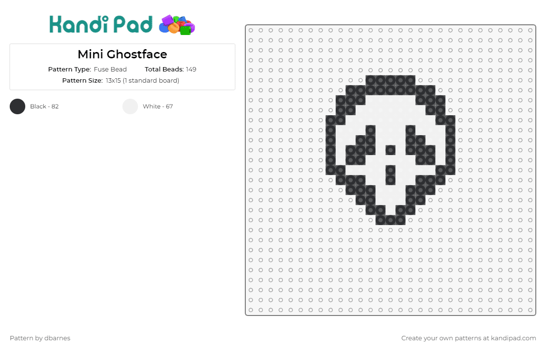 Mini Ghostface - Fuse Bead Pattern by dbarnes on Kandi Pad - ghost face,scream,horror,chilling,icon,genre,spooky,touch,classic,series,black,white
