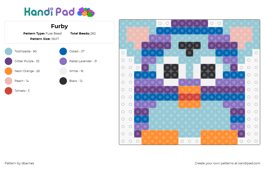 Furby - Fuse Bead Pattern by dbarnes on Kandi Pad - furby,toy,quirky,nostalgia,retro,interactive,collectible,purple,light blue