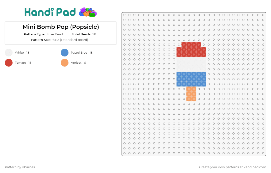 Mini Bomb Pop (Popsicle) - Fuse Bead Pattern by dbarnes on Kandi Pad - bomb pop,popsicle,dessert,food,nostalgic,summer,frozen,treat,playful,joy,red,blue,white