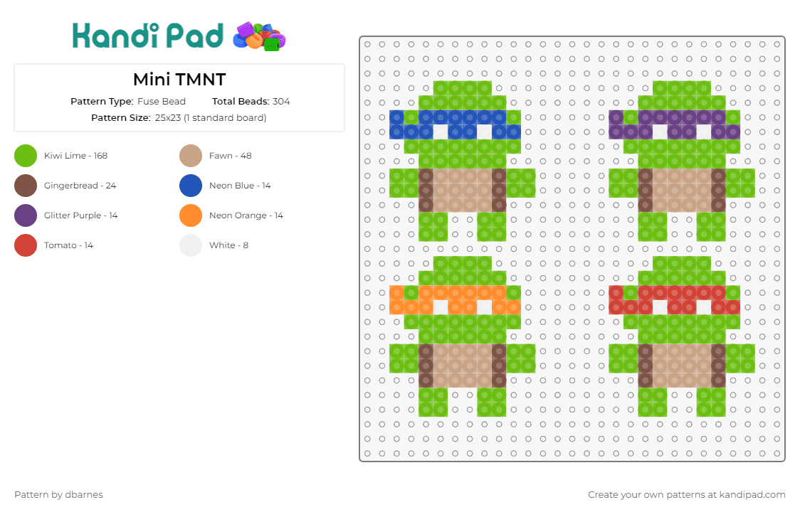 Mini TMNT - Fuse Bead Pattern by dbarnes on Kandi Pad - tmnt,teenage mutant ninja turtles,tribute,pop culture,mini,classic,characters,fans,green