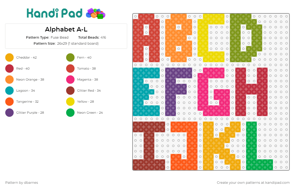 Alphabet A-L - Fuse Bead Pattern by dbarnes on Kandi Pad - alphabet,letters,text,educational,bright,vibrant,learning,monogram,colorful