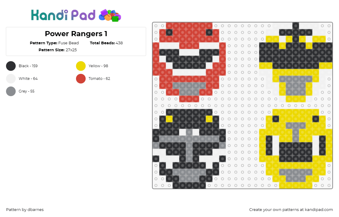 Power Rangers 1 - Fuse Bead Pattern by dbarnes on Kandi Pad - power rangers,helmets,masks,spirit,teamwork,heroes,red,yellow,black