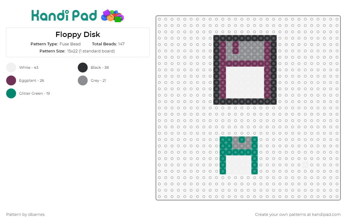 Floppy Disk - Fuse Bead Pattern by dbarnes on Kandi Pad - floppy disk,save,nostalgia,personal computing,classic,data storage,technology,homage,fun,purple,green