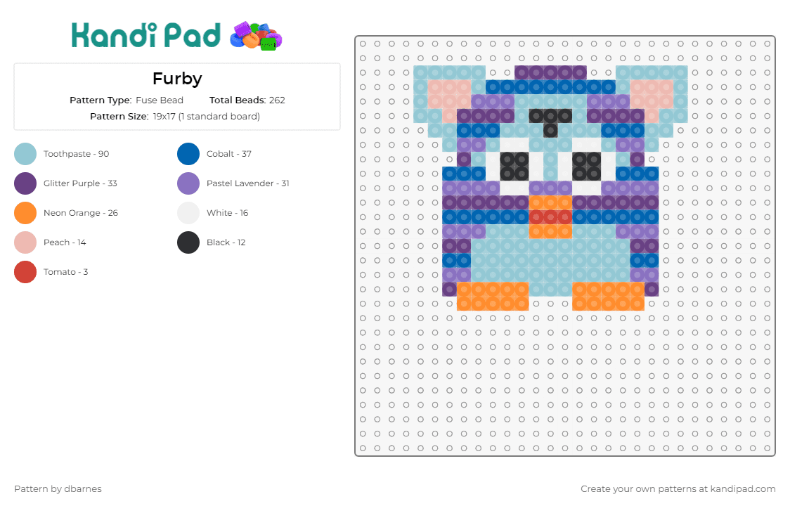 Furby - Fuse Bead Pattern by dbarnes on Kandi Pad - furby,toy,quirky,charm,iconic,nostalgia,retro,fun,interactive,collectible,purple,light blue