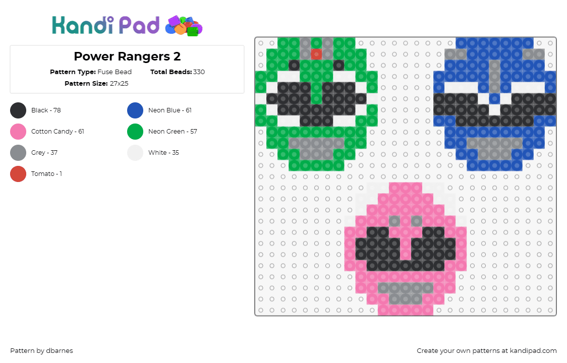 Power Rangers 2 - Fuse Bead Pattern by dbarnes on Kandi Pad - power rangers,helmets,masks,heroes,colorful,childhood,nostalgia,team,green,blue,