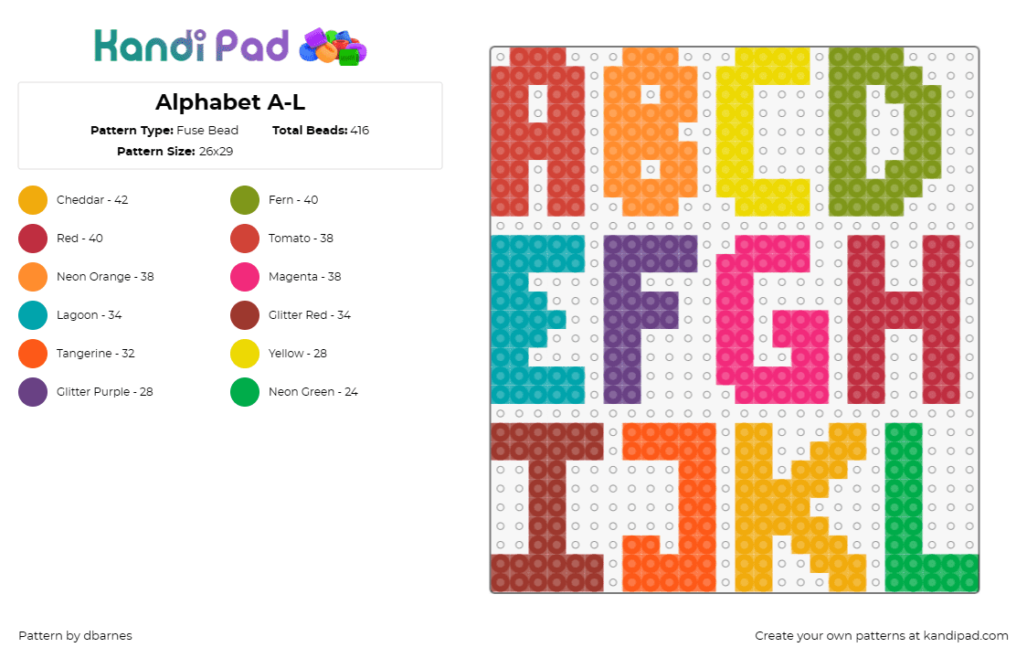 Alphabet A-L - Fuse Bead Pattern by dbarnes on Kandi Pad - alphabet,letters,text,bright,colorful,red,orange,green