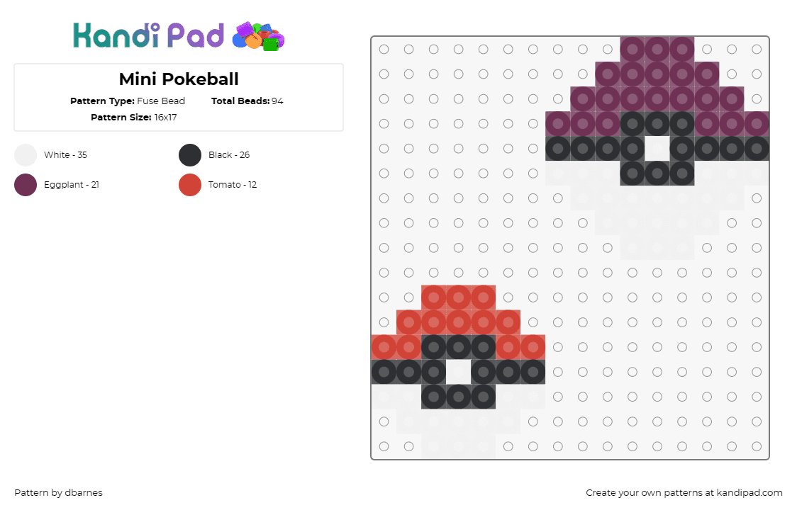 Mini Pokeball - Fuse Bead Pattern by dbarnes on Kandi Pad - pokeball,pokemon,series,quest,symbol,red,purple,white
