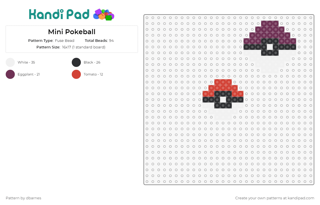 Mini Pokeball - Fuse Bead Pattern by dbarnes on Kandi Pad - pokeball,pokemon,charming,iconic,series,quest,symbol,crafting,delightful,red,purple,white