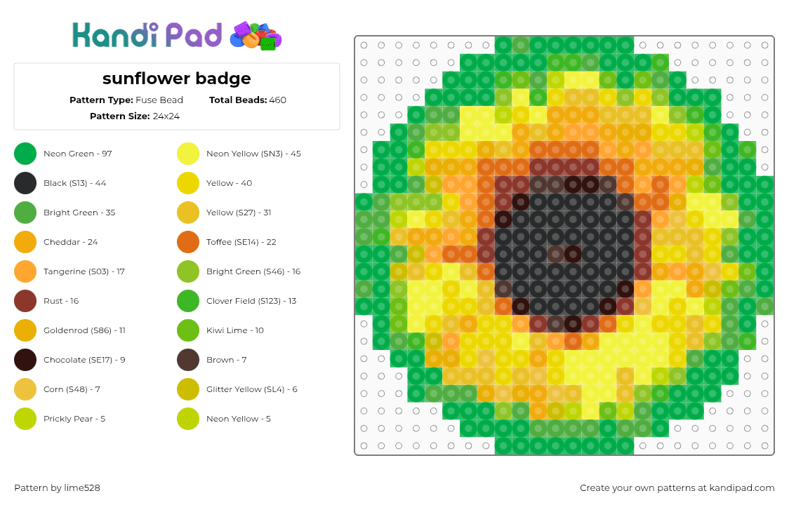 sunflower badge - Fuse Bead Pattern by lime528 on Kandi Pad - green,yellow
