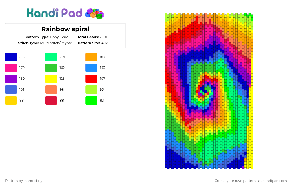 Rainbow spiral - Pony Bead Pattern by stardestiny on Kandi Pad - yellow,red,teal,colorful