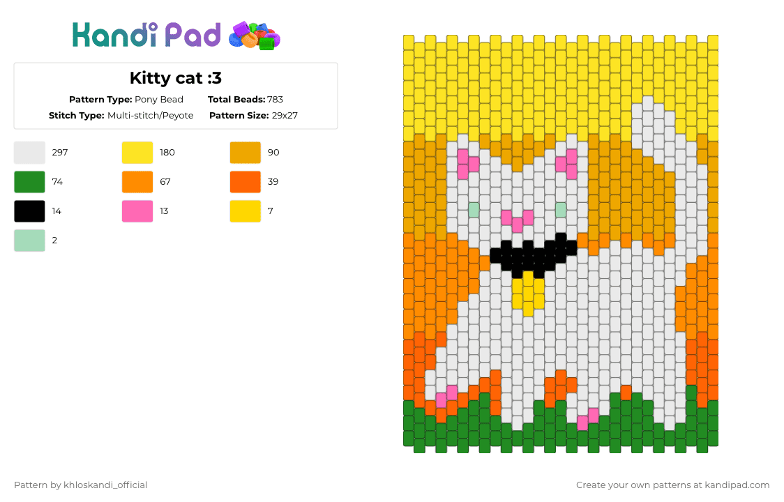 Kitty cat :3 - Pony Bead Pattern by khloskandi_official on Kandi Pad - yellow,orange,cat