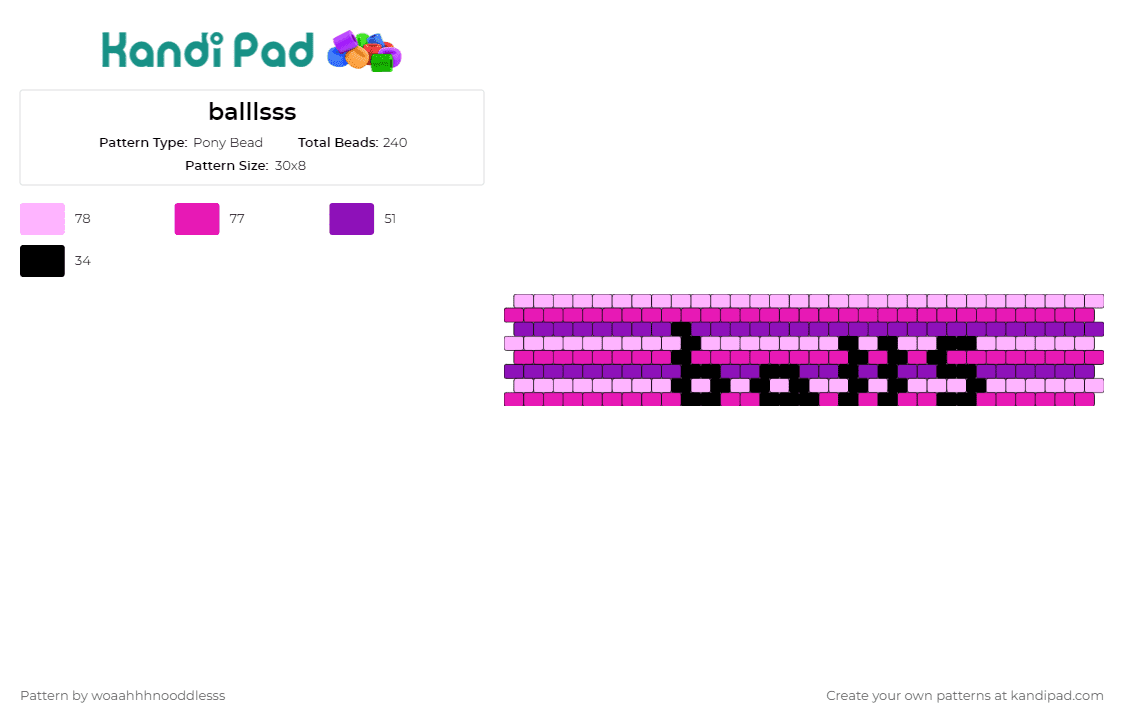 balllsss - Pony Bead Pattern by woaahhhnooddlesss on Kandi Pad - balls,text,cuff,playful,cheeky,spirited,fun,stripes,personality,purple