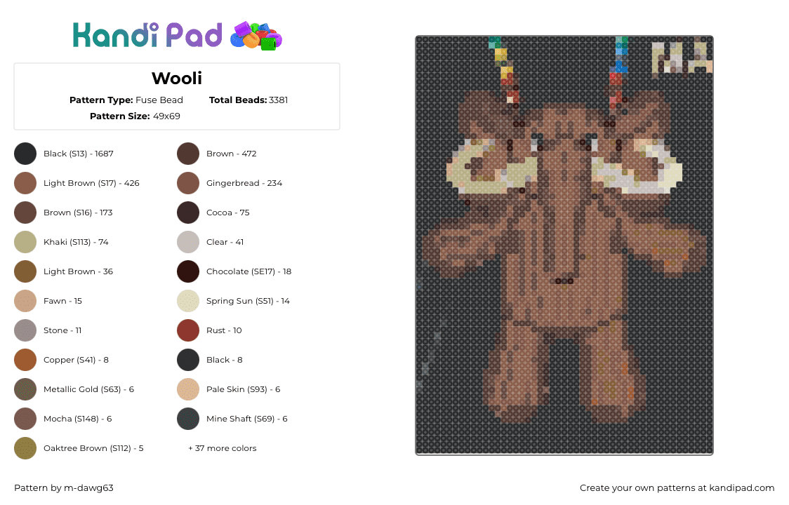 Wooli - Fuse Bead Pattern by m-dawg63 on Kandi Pad - black,brown,tan,beige