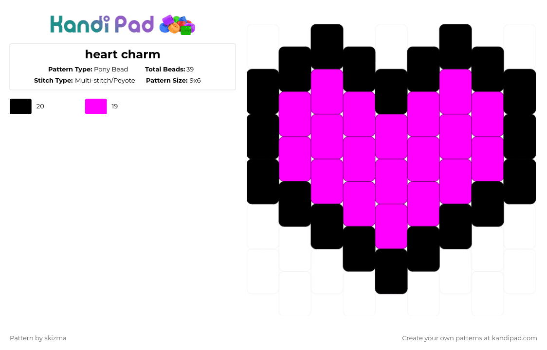 heart charm - Pony Bead Pattern by skizma on Kandi Pad - pink,black,heart,love,charm,red,cute,easy,valentines