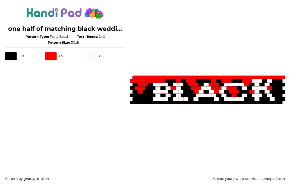 one half of matching black wedding cuffs - Pony Bead Pattern by gnarpy_d_alien on Kandi Pad - band, emo, red, tx2, white