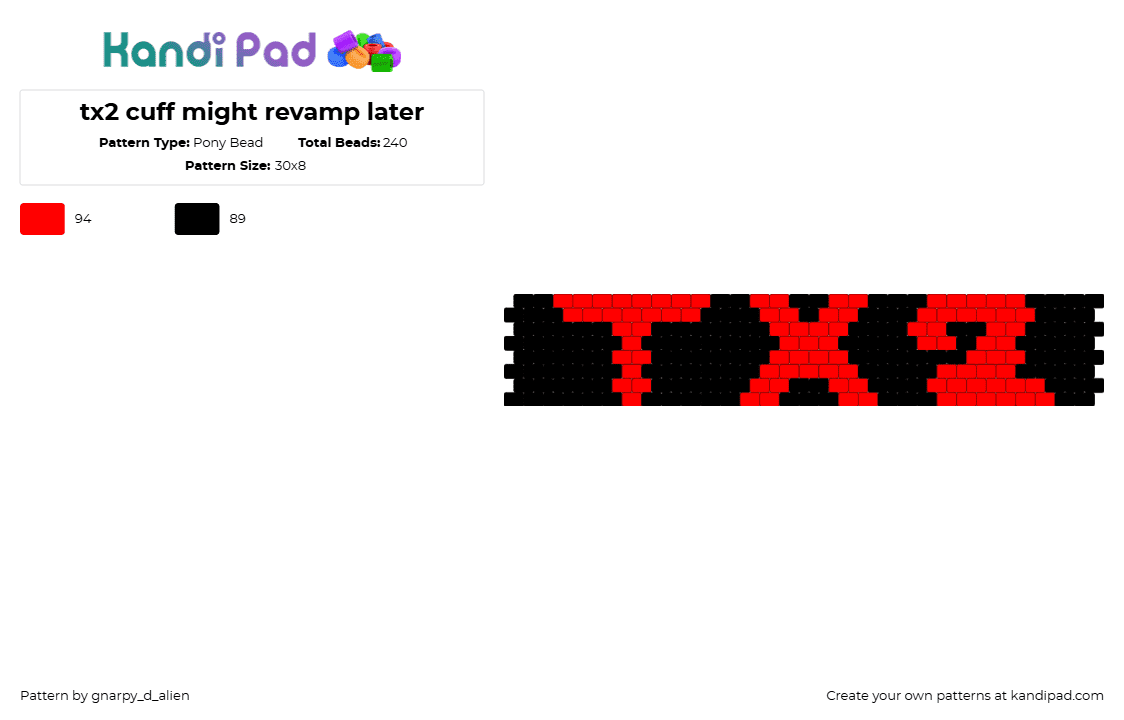 tx2 cuff might revamp later - Pony Bead Pattern by gnarpy_d_alien on Kandi Pad - red,black,tx2,band,emo