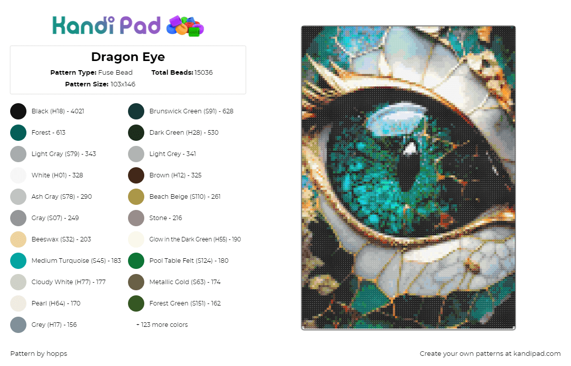 Dragon Eye - Fuse Bead Pattern by hopps on Kandi Pad - eye,dragon,fantasy,magical,eyeball,panel,green,teal,white