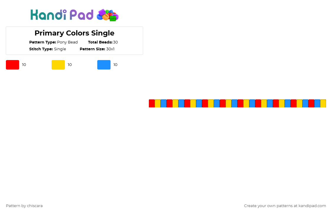 Primary Colors Single - Pony Bead Pattern by chiscara on Kandi Pad - red,yellow,light blue,primary colors,colorful,single,clown,clowncore,kid,kidcore