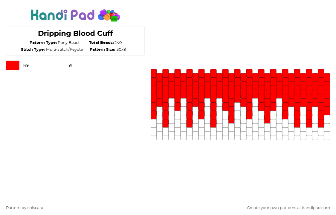 Dripping Blood Cuff - Pony Bead Pattern by chiscara on Kandi Pad - red,white,blood,bloody,drip,drippy,cuff,multi,multistitch,peyote