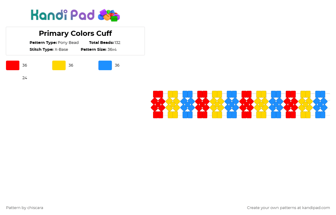 Primary Colors Cuff - Pony Bead Pattern by chiscara on Kandi Pad - red,yellow,light blue,primary colors,colorful,x base,cuff,clown,kidcore