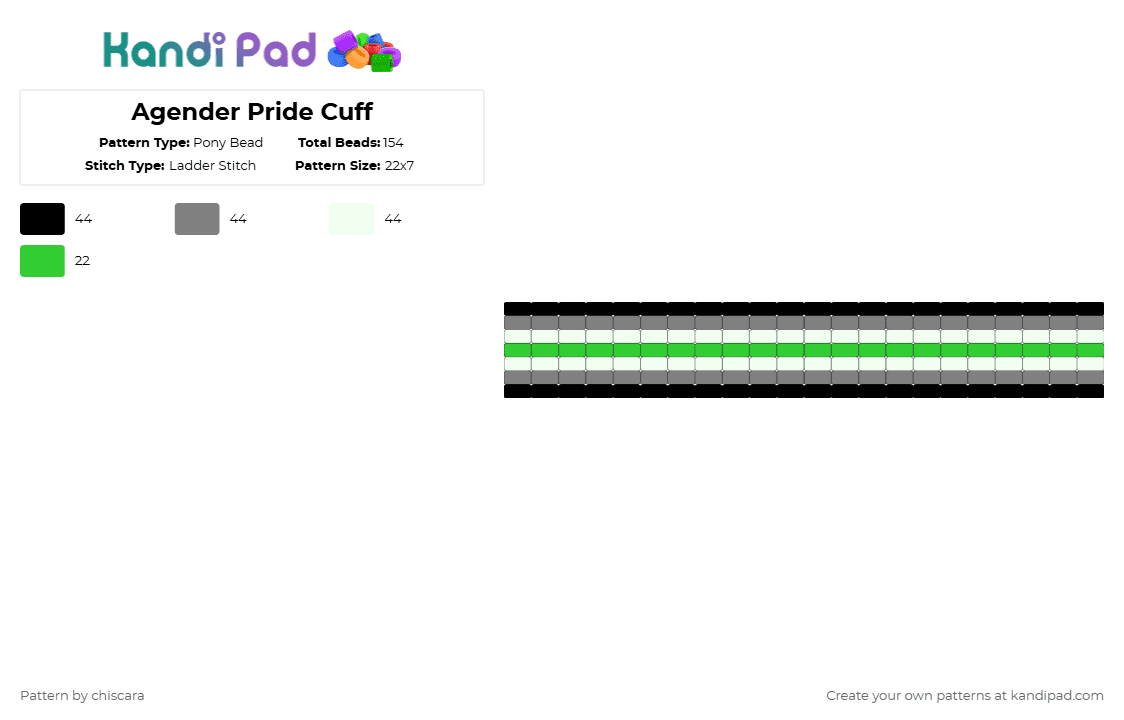 Agender Pride Cuff - Pony Bead Pattern by chiscara on Kandi Pad - gray,green,pride,agender,ladder,cuff