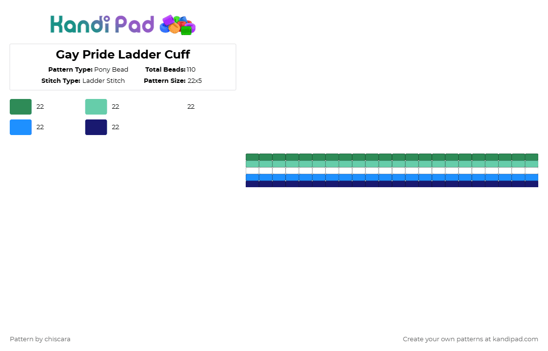 Gay Pride Ladder Cuff - Pony Bead Pattern by chiscara on Kandi Pad - green,teal,light blue,purple,pride,gay,ladder,cuff
