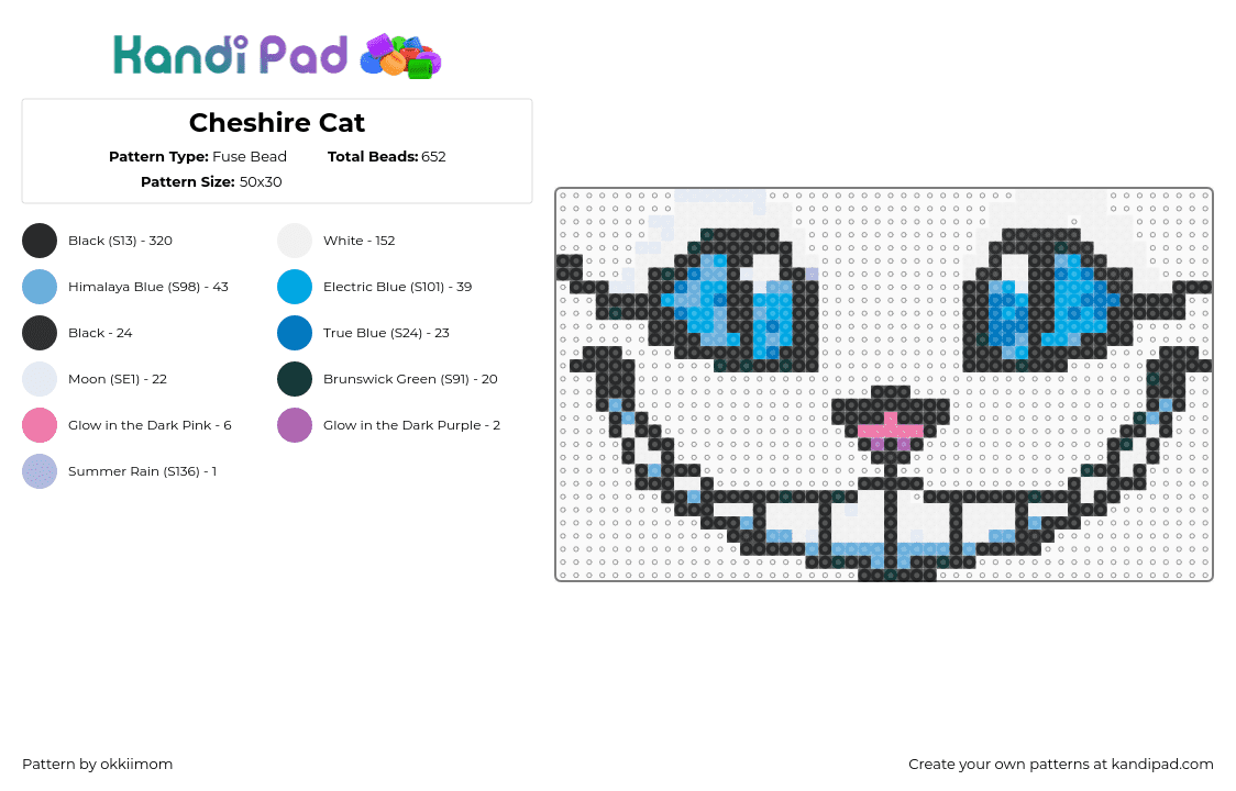 Cheshire Cat - Fuse Bead Pattern by okkiimom on Kandi Pad - black,white,light blue,alice,cat,cheshire cat,magnets,cute