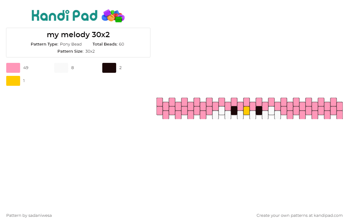 my melody 30x2 - Pony Bead Pattern by sadaniwesa on Kandi Pad - my melody,sanrio,cuff,bracelet,character,iconic,sweet,charming,innocence,joy,pink