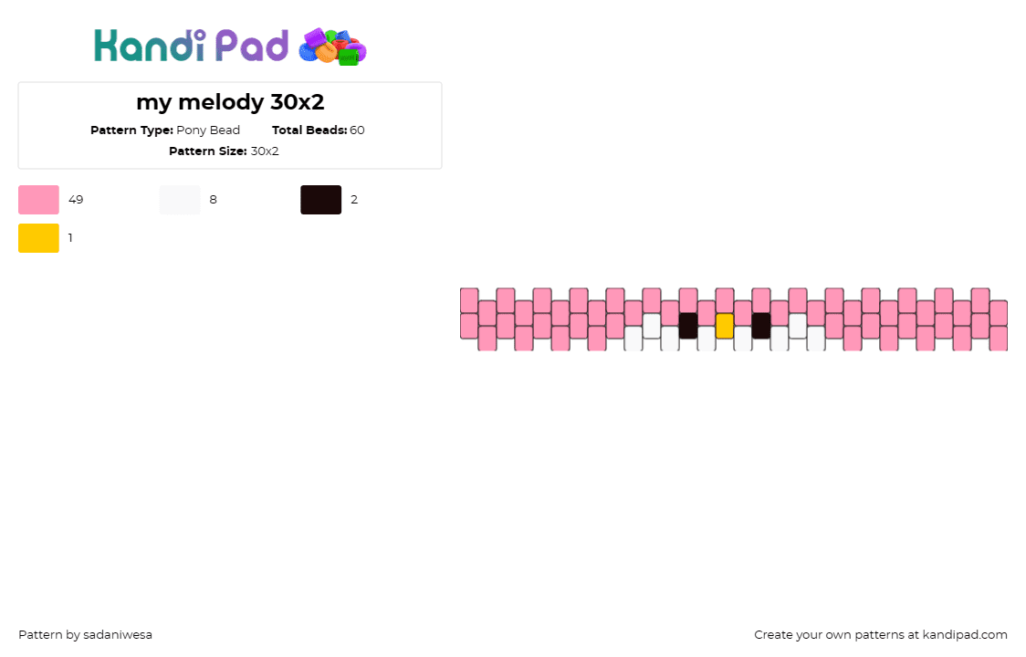 my melody 30x2 - Pony Bead Pattern by sadaniwesa on Kandi Pad - my melody,sanrio,cuff,bracelet,character,sweet,innocence,joy,pink