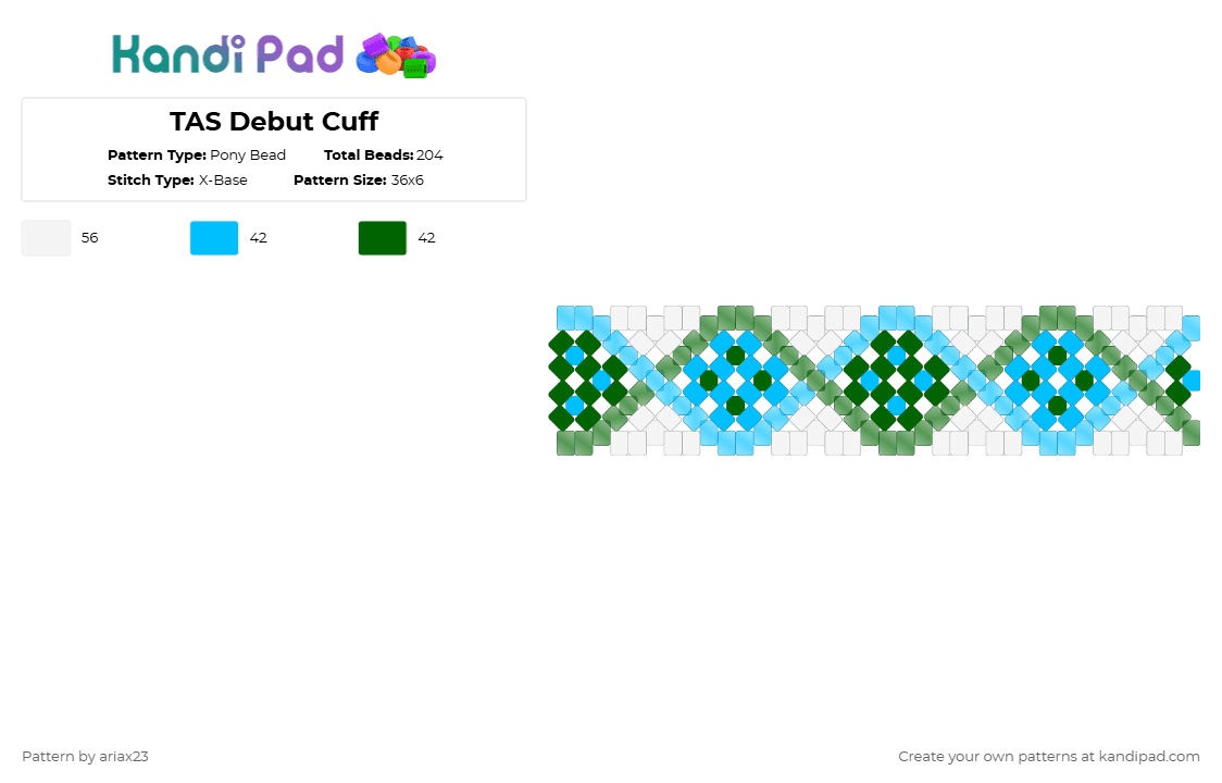 TAS Debut Cuff - Pony Bead Pattern by ariax23 on Kandi Pad - light blue,green