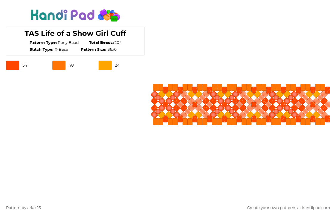 TAS Life of a Show Girl Cuff - Pony Bead Pattern by ariax23 on Kandi Pad - orange,red