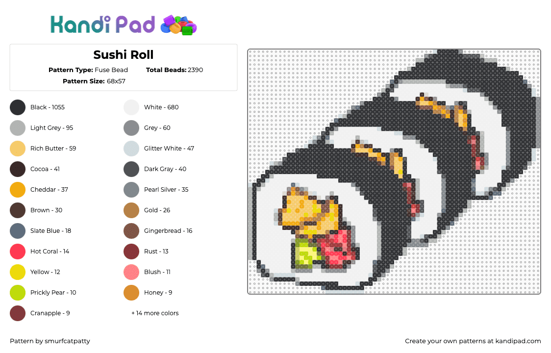 Sushi Roll - Fuse Bead Pattern by smurfcatpatty on Kandi Pad - black,white,gray,brown,red,colorful,sushi,food,yummy,japanese