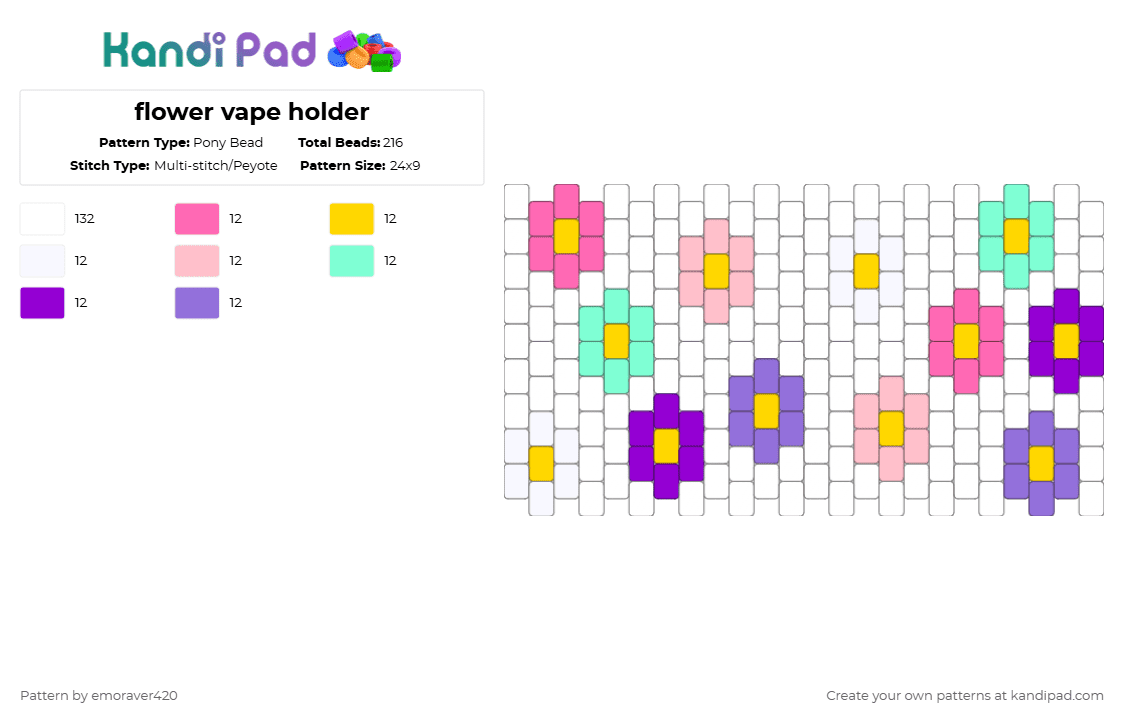flower vape holder - Pony Bead Pattern by emoraver420 on Kandi Pad - white,pink,purple
