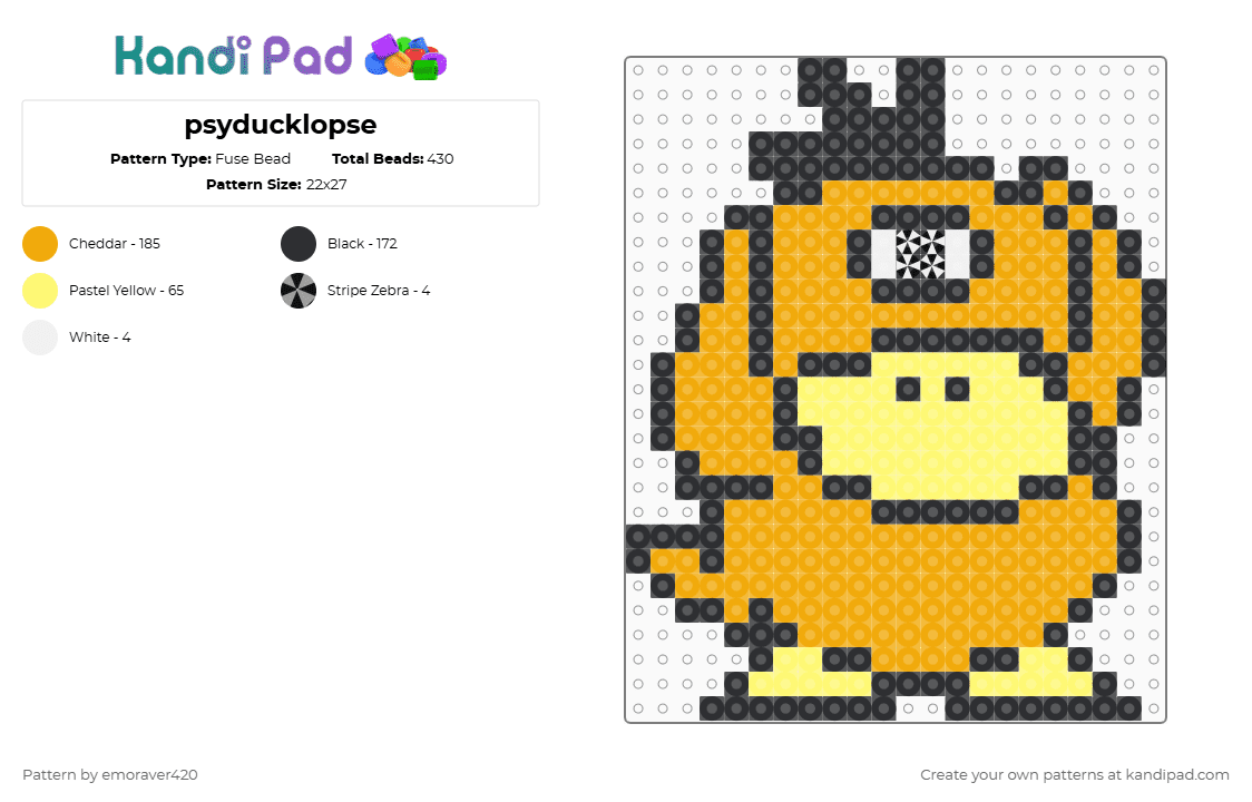 psyducklopse - Fuse Bead Pattern by emoraver420 on Kandi Pad - psyduck,subtronics,cyclops,dj,mashup,pokemon,cartoon,video game,anime,music,gaming,orange,yellow