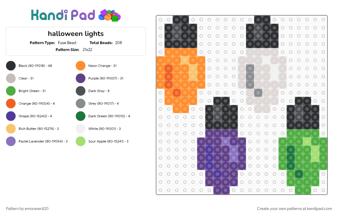 halloween lights - Fuse Bead Pattern by emoraver420 on Kandi Pad - beige, green, orange, purple
