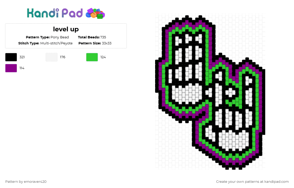 level up - Pony Bead Pattern by emoraver420 on Kandi Pad - level up,dj,edm,music,hands,skeleton,lu,green,pink